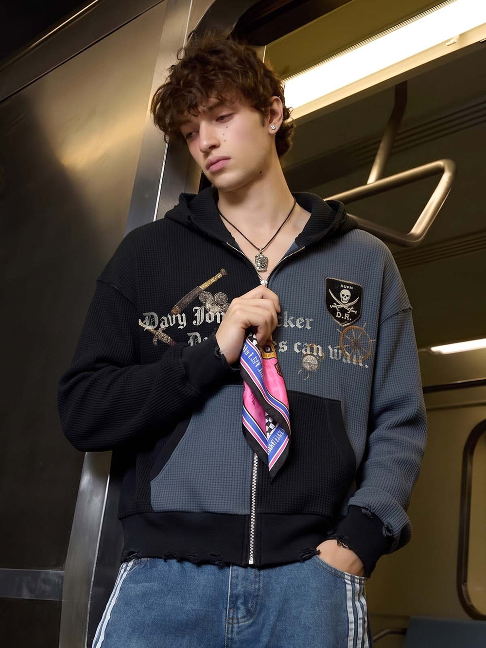 Skull Graphic Paneled Waffle Zip Hoodie