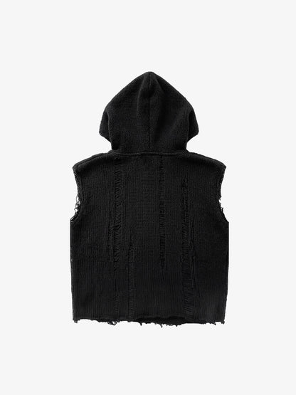Distressed Embroidered Hooded Knit Vest