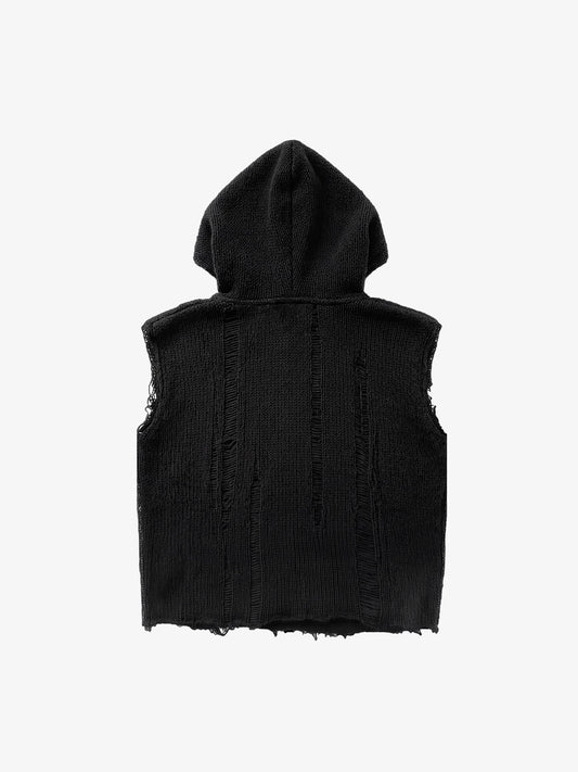 Distressed Embroidered Hooded Knit Vest
