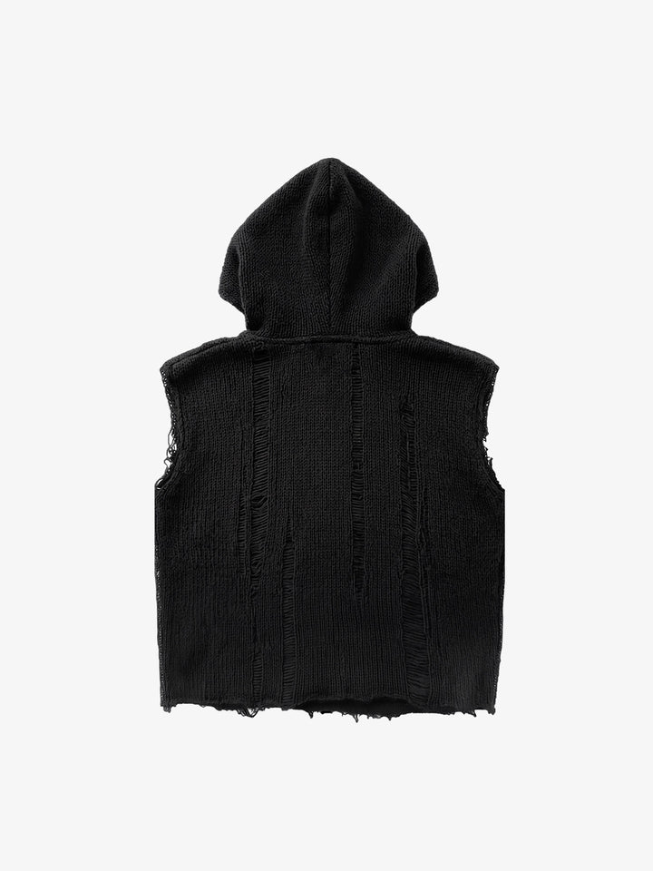 Gilet con cappuccio in maglia effetto invecchiato e ricamato