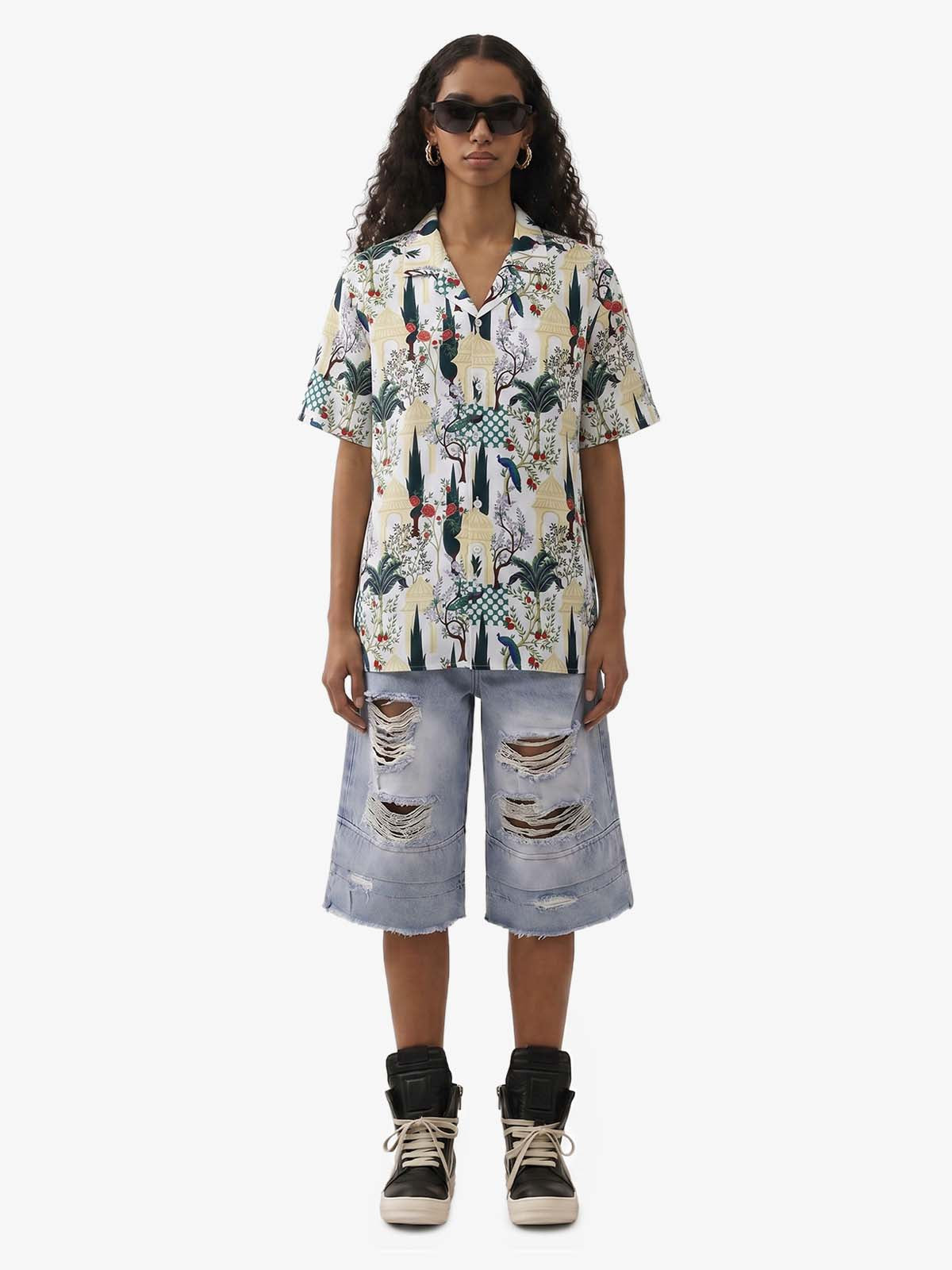French Peacock Manor Camp Collar Boxy Shirt 