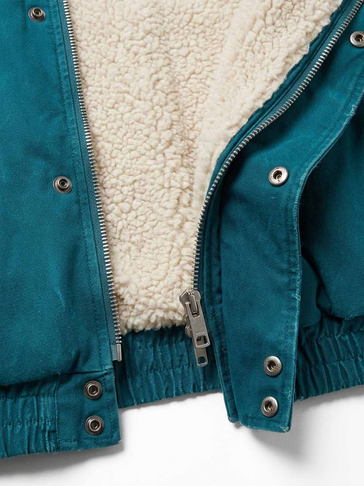 Embroidered Badge Distressed Fleece-Lined Teal Bomber Coat