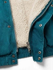 Embroidered Badge Distressed Fleece-Lined Teal Bomber Coat