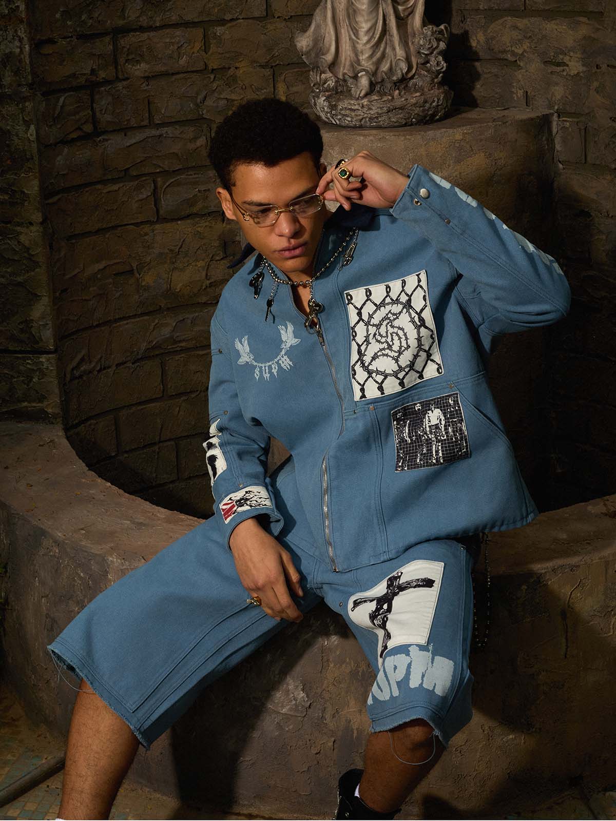 Supermade Multi-Element Appliqué Patchwork Denim Suit 