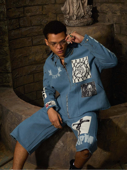 Supermade Multi-Element Appliqué Patchwork Denim Suit 