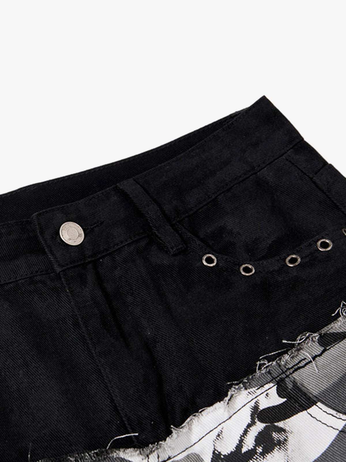Camo Patchwork Eyelet Strap Flared Jeans