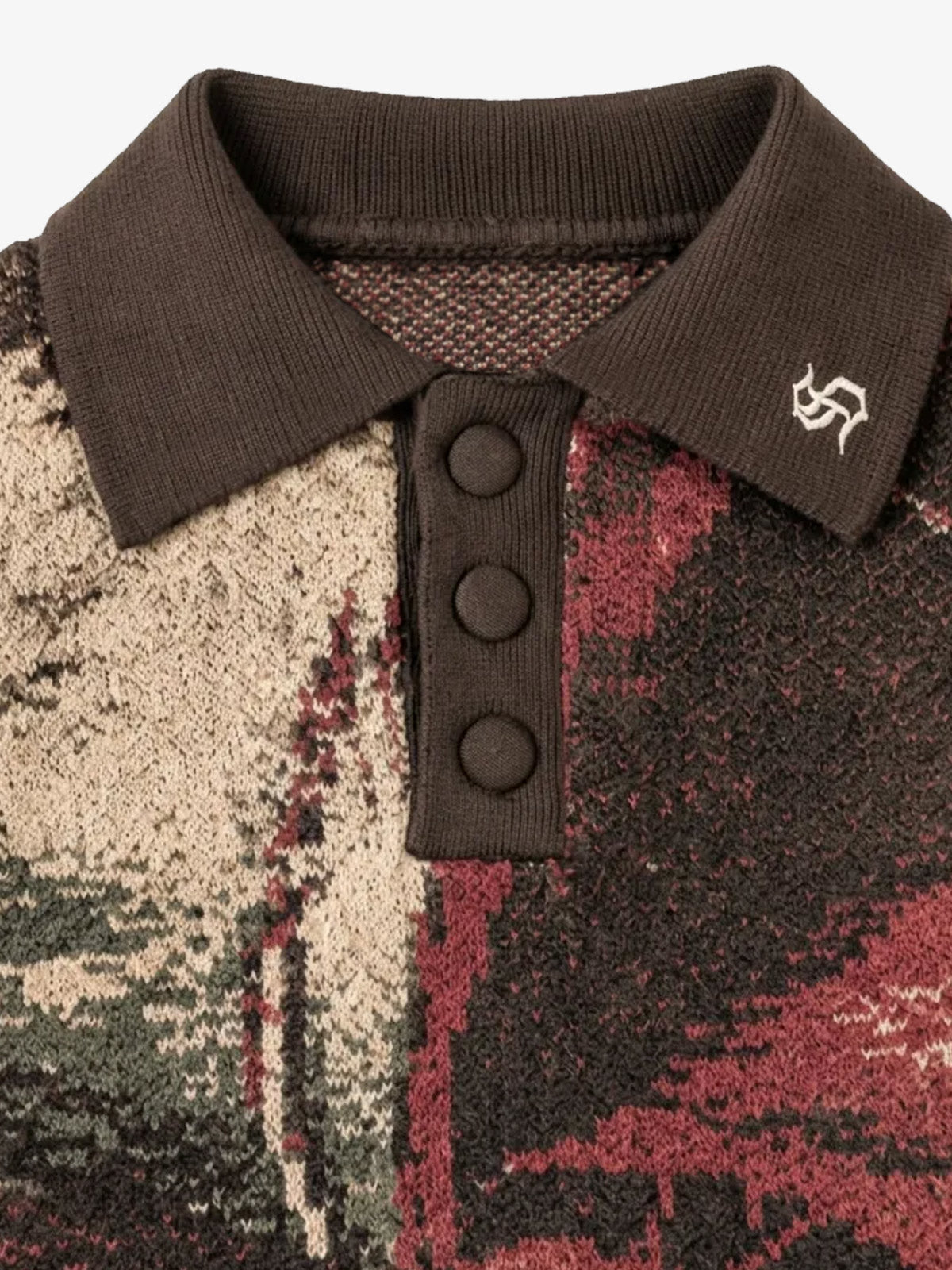 Distressed Camo Graphic Jacquard Knit Polo Sweater