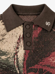Distressed Camo Graphic Jacquard Knit Polo Sweater