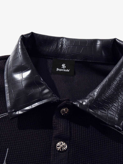 Cotton Blend Gothic Print Polo Shirt with Embroidered Quote and Leather Collar 