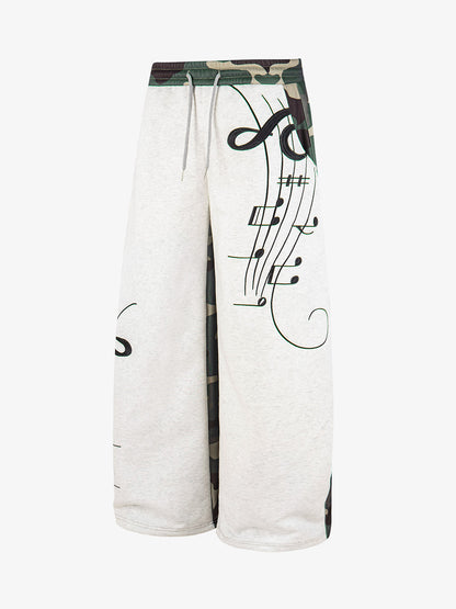 Music Note Graphic Camo Patchwork Baggy Sweatpants