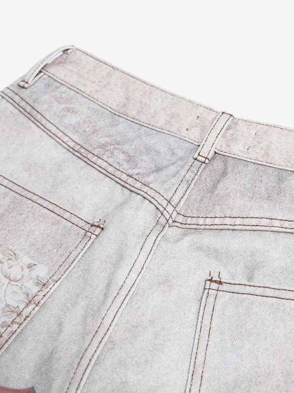 Cotton Patchwork Wide Leg Pants with Equestrian Print and Plaid Details 