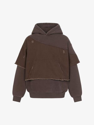 Distressed Patchwork Raw-Edge Layered-Hem Fleece Hoodie 