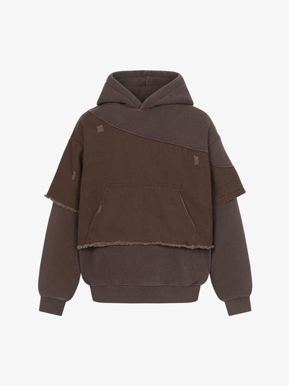 Distressed Patchwork Raw-Edge Layered-Hem Fleece Hoodie 