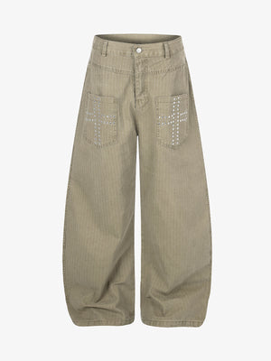 Cross Pattern Rhinestone Baggy Pants