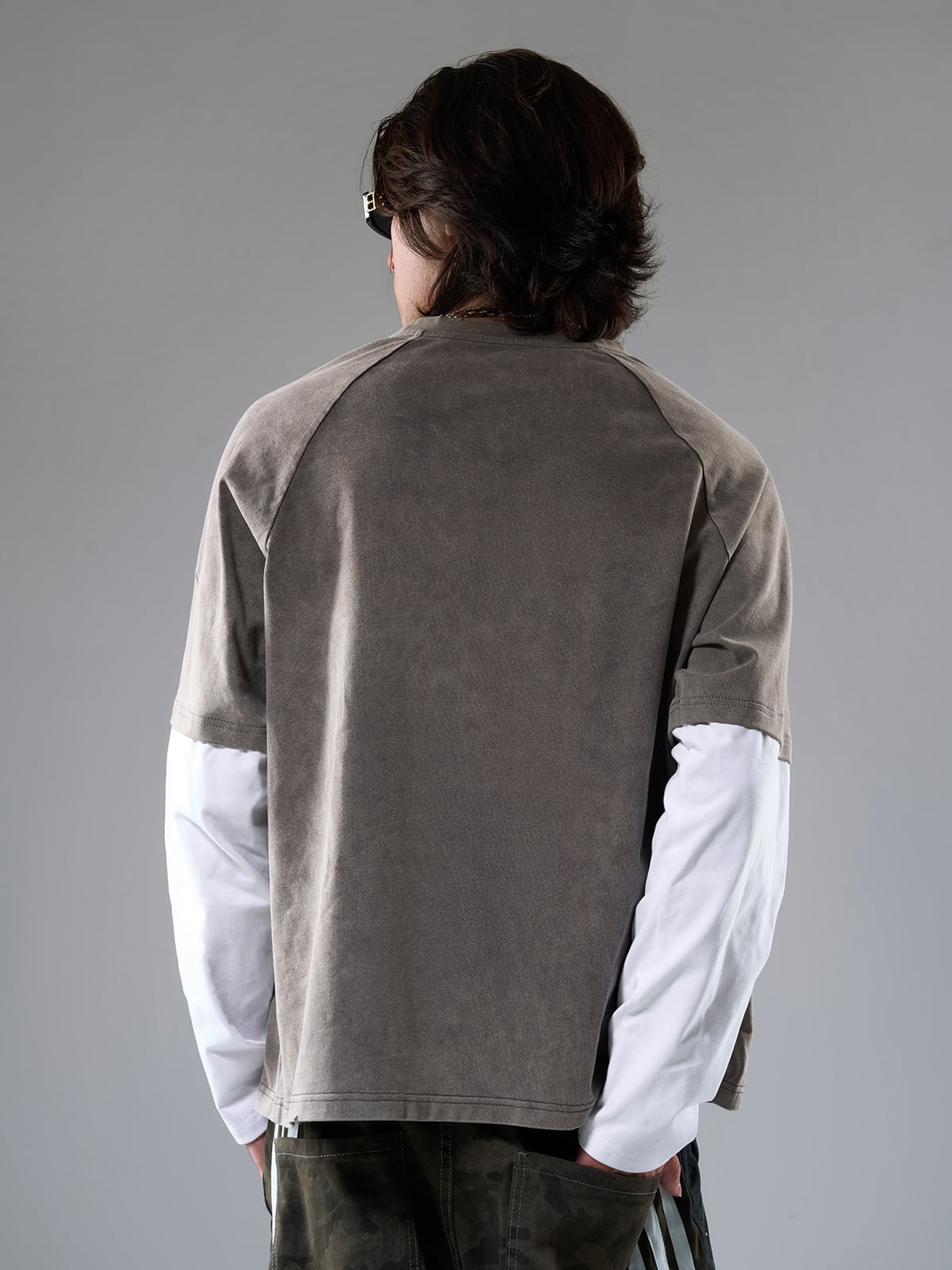 Washed Contrast Color Print Long Sleeve Cotton T-shirt 