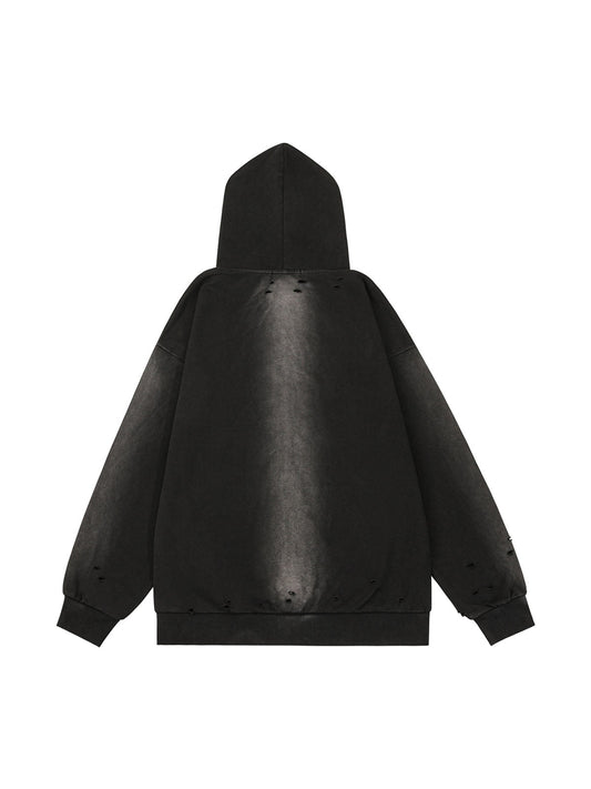 Washed Ripped Zip Up Hoodie 