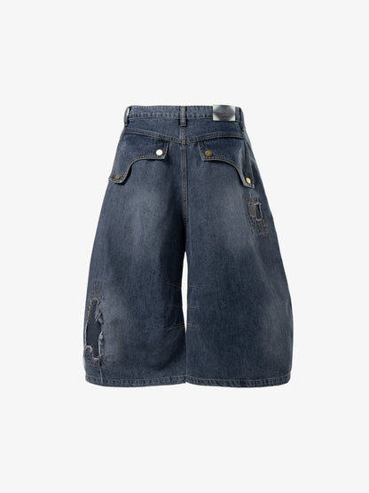 Embroidered Distressed Frayed-Hem Denim Shorts