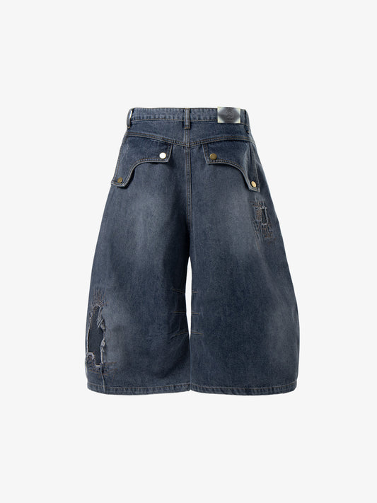 Embroidered Distressed Frayed-Hem Denim Shorts