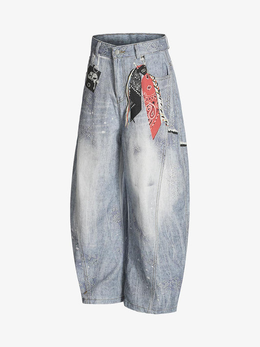 Ribbon Print Scimitar Wide-Leg Jeans 