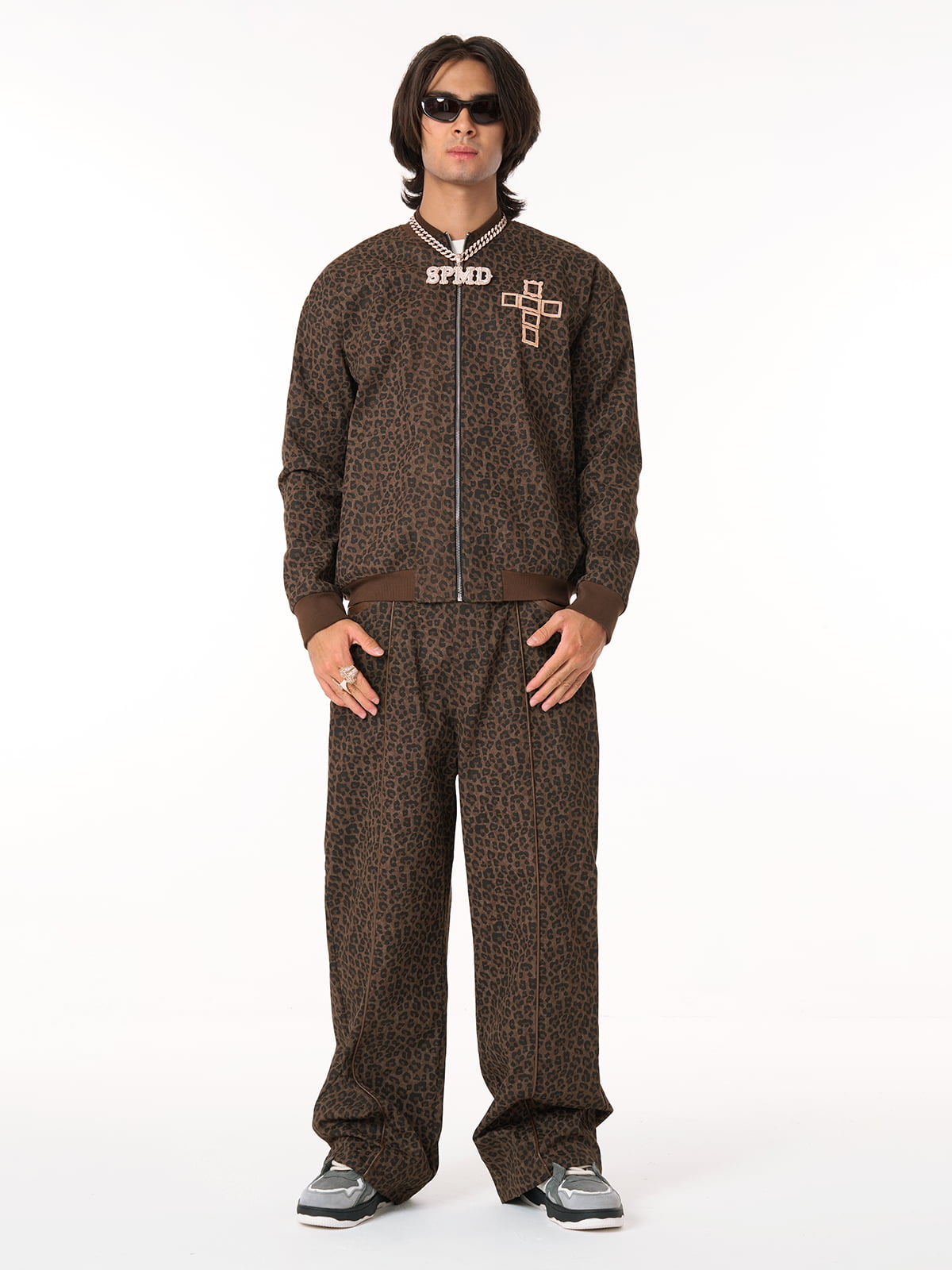 SUPM Graffiti Print Leather Leopard Print Baggy Pants 