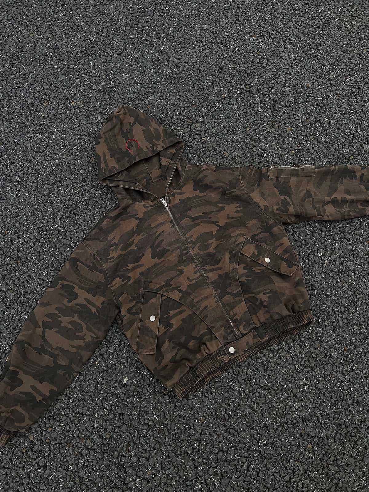 Deconstructed Camouflage Workwear Cardigan Hooded Jacket - 2290