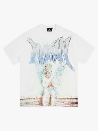 Retro Street Peace Dove Angel Rhinestone T-Shirt 