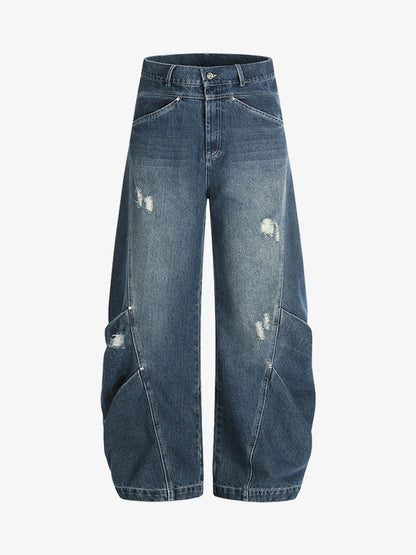 Wide-Leg Denim Trousers with Unique Stitching Design for Women 