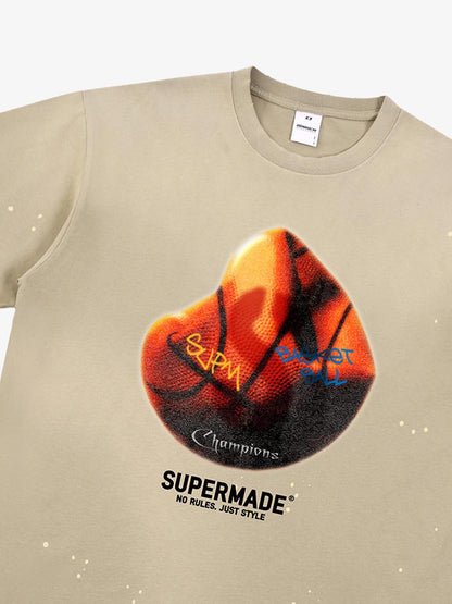 thesupermade-Cotton Basketball Print T-Shirt with Graffiti Design and Splatter Effect for Streetwear Fashion 