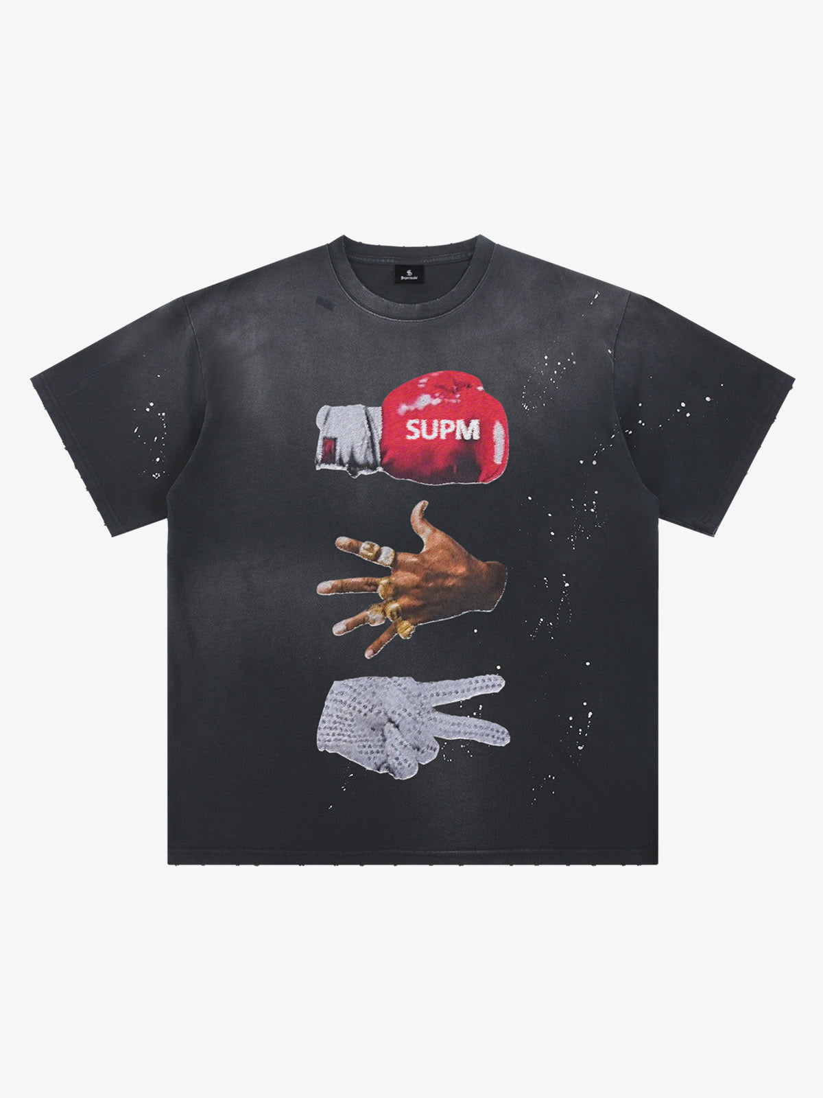 Washed black oversized distressed graphic tee with boxing glove and hand graphics