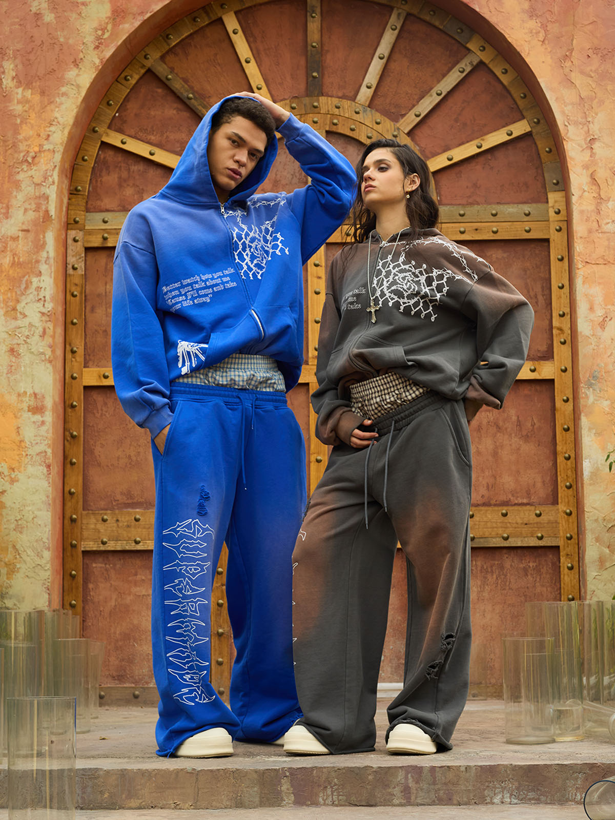 Supermade Vintage Distressed Print Patchwork Sweatshirt Set 