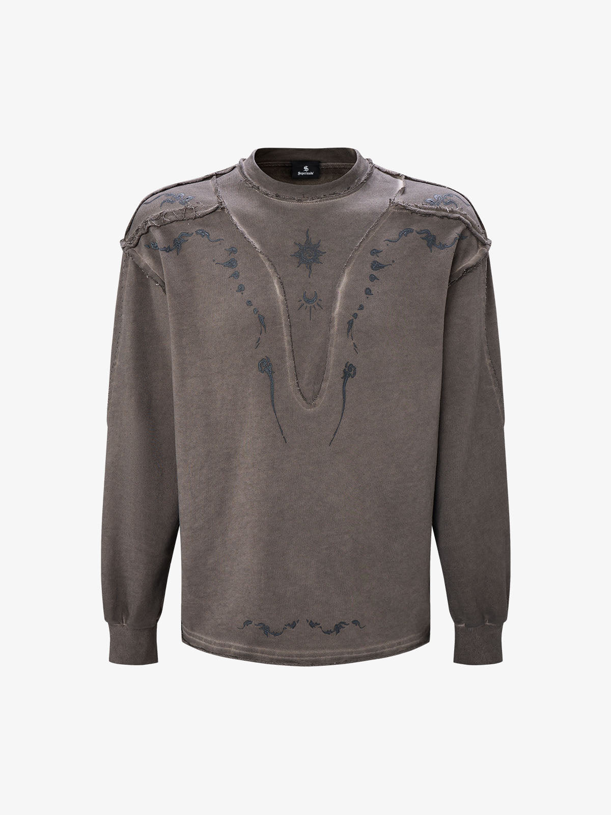 Deconstructed Distressed Raw-Edge Long Sleeve Tee; Coffee / M, Coffee / L, Coffee / XL