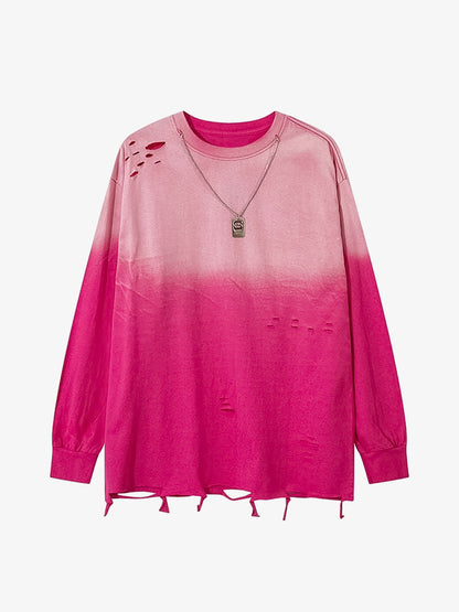 Gradient Hole Contrast Color Long Sleeve T-shirt 