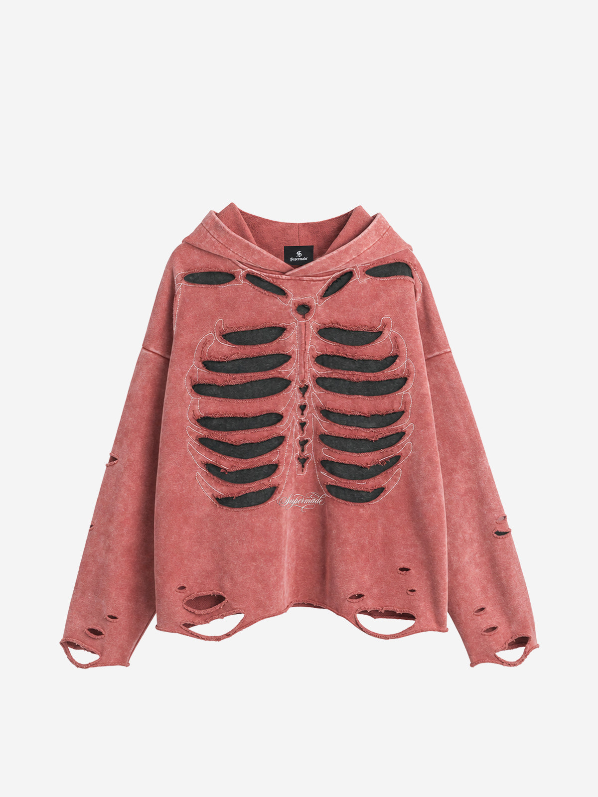 Skull Patchwork Distressed Washed Cropped Hoodie
