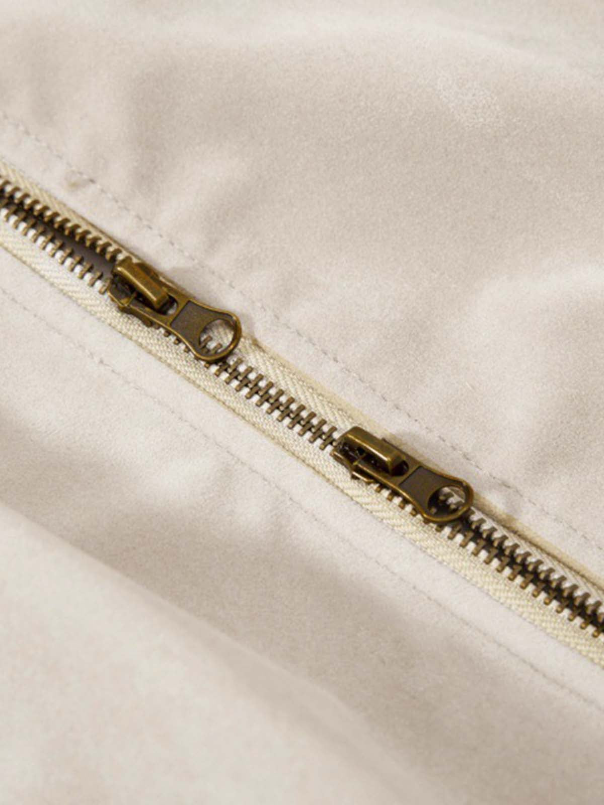 Detachable Fur-Trim Stand Collar Suede Zip-Up Jacket