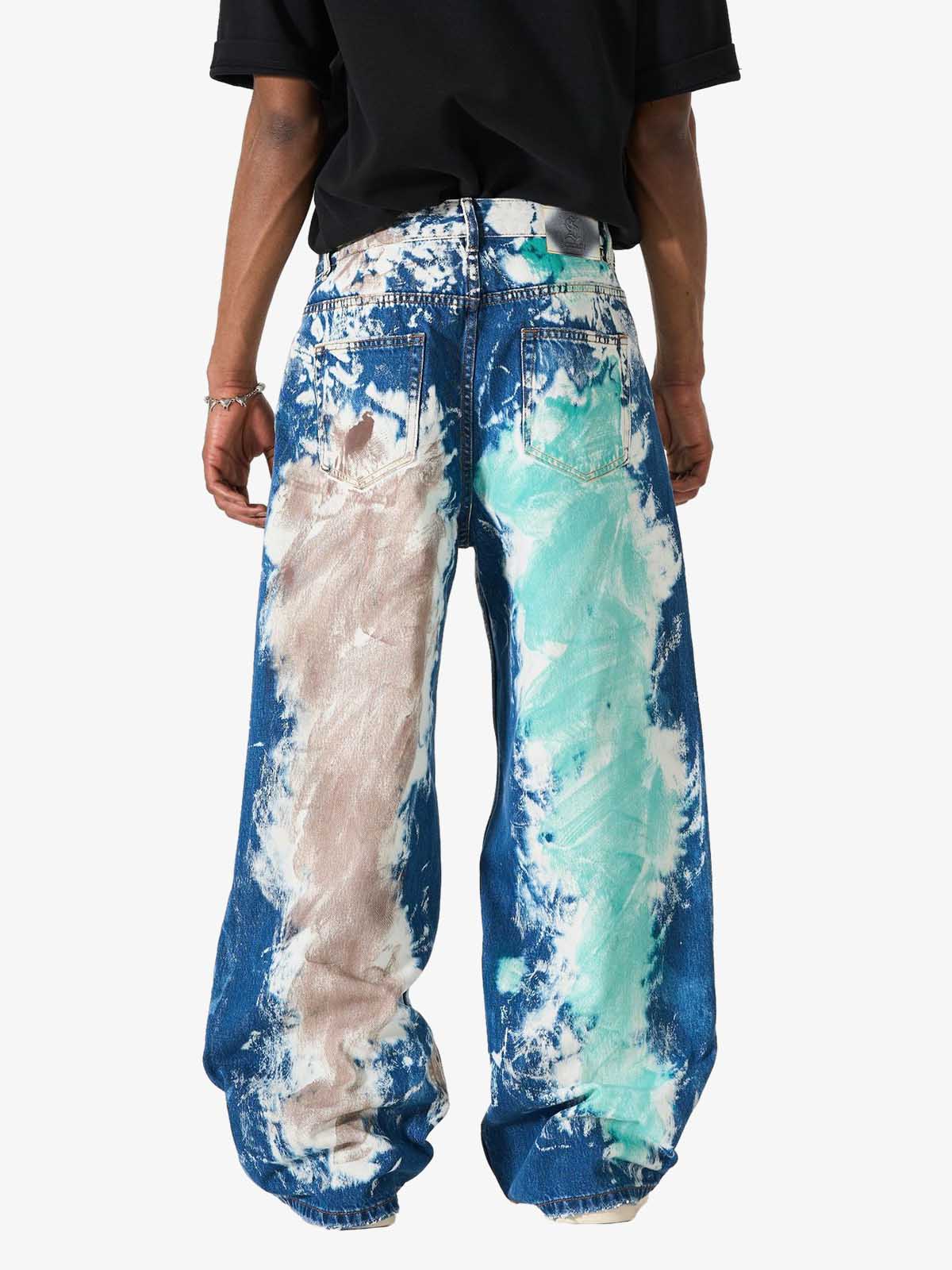 Denim Tie-Dye Wide Leg Jeans with Blue Green and Beige Patterns 