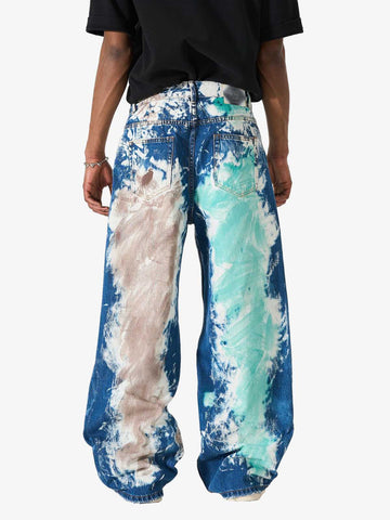 Denim Tie-Dye Wide Leg Jeans with Blue Green and Beige Patterns 