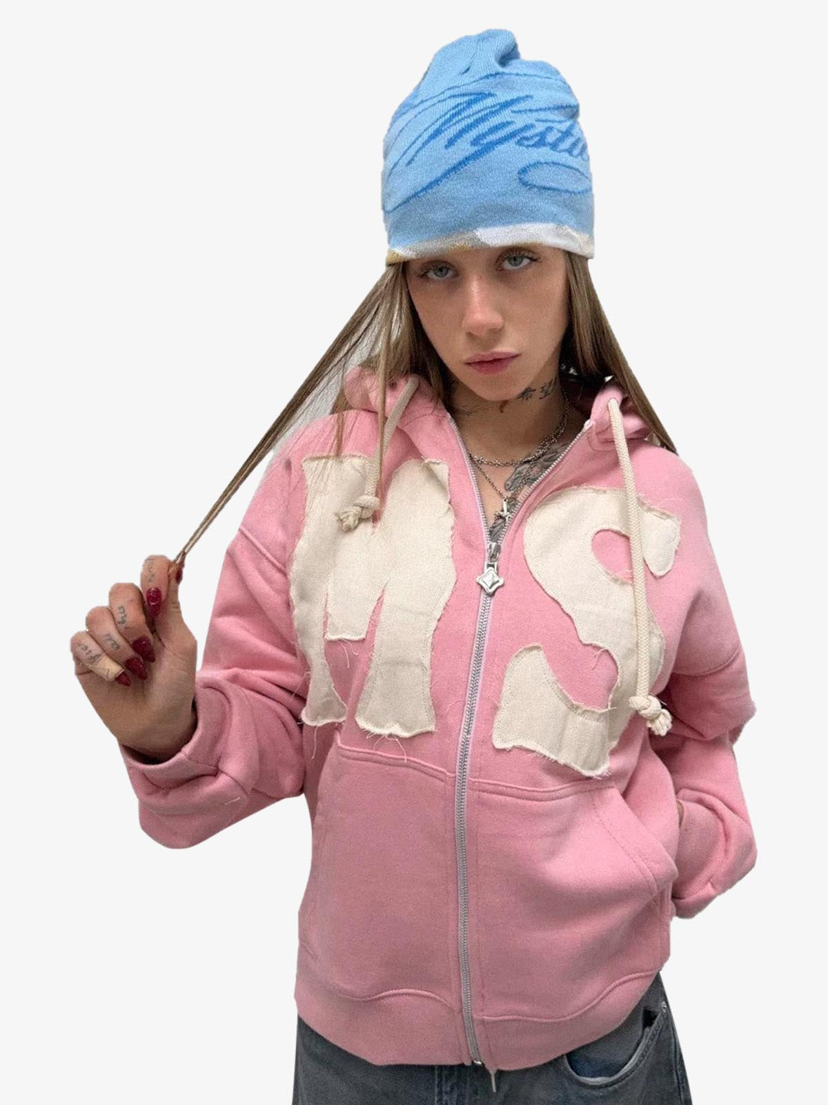 Letter Flocked Hooded Cardigan Sweatshirt