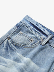 Hip-Hop Cut Distressed Washed Jeans 