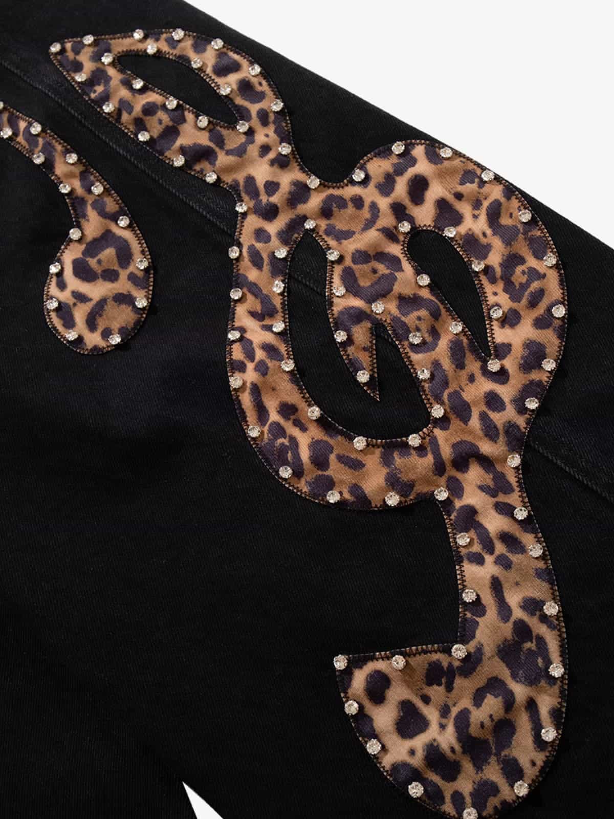 Retro Rhinestone Leopard Patch Music Note Straight Jeans 