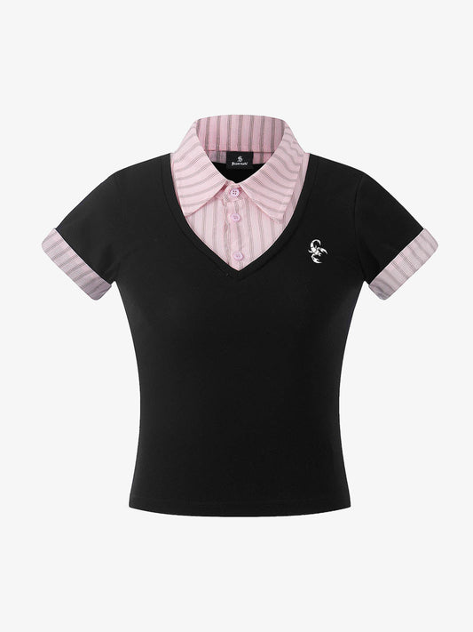 Layered Shirt Collar V Neck Slim Fit T-Shirt 