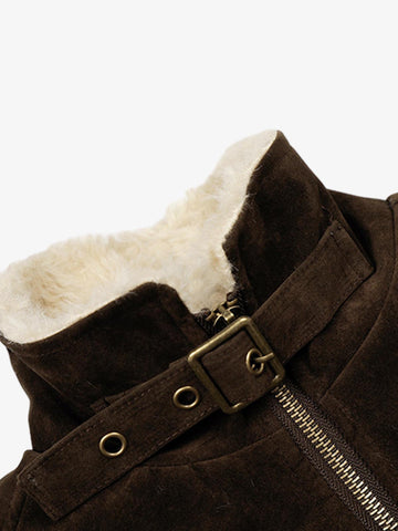 Utility Faux Shearling Collar Suede Look Zip Up Jacket 