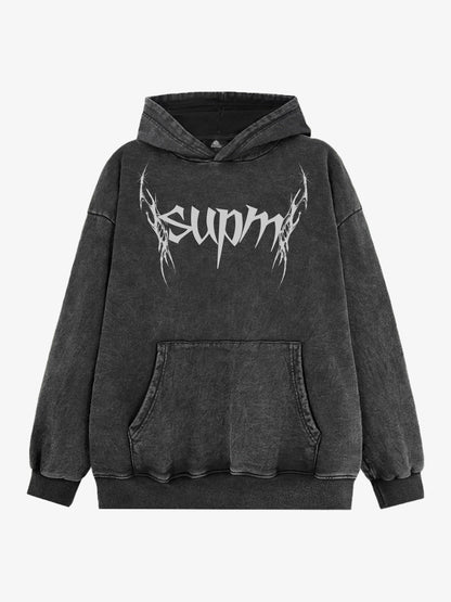 THE SUPERMADE Futuristic spiked pattern gothic style logo font design  Graphic Print Hoodie with Front Pocket 