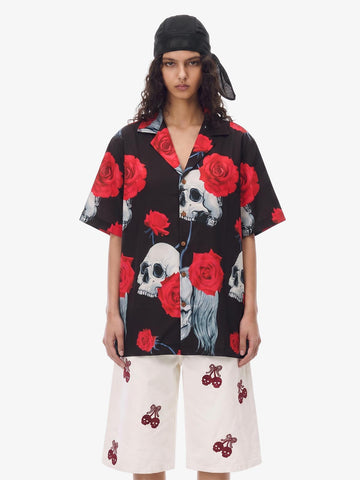 Gothic Skull Rose Camp Collar Boxy Shirt 