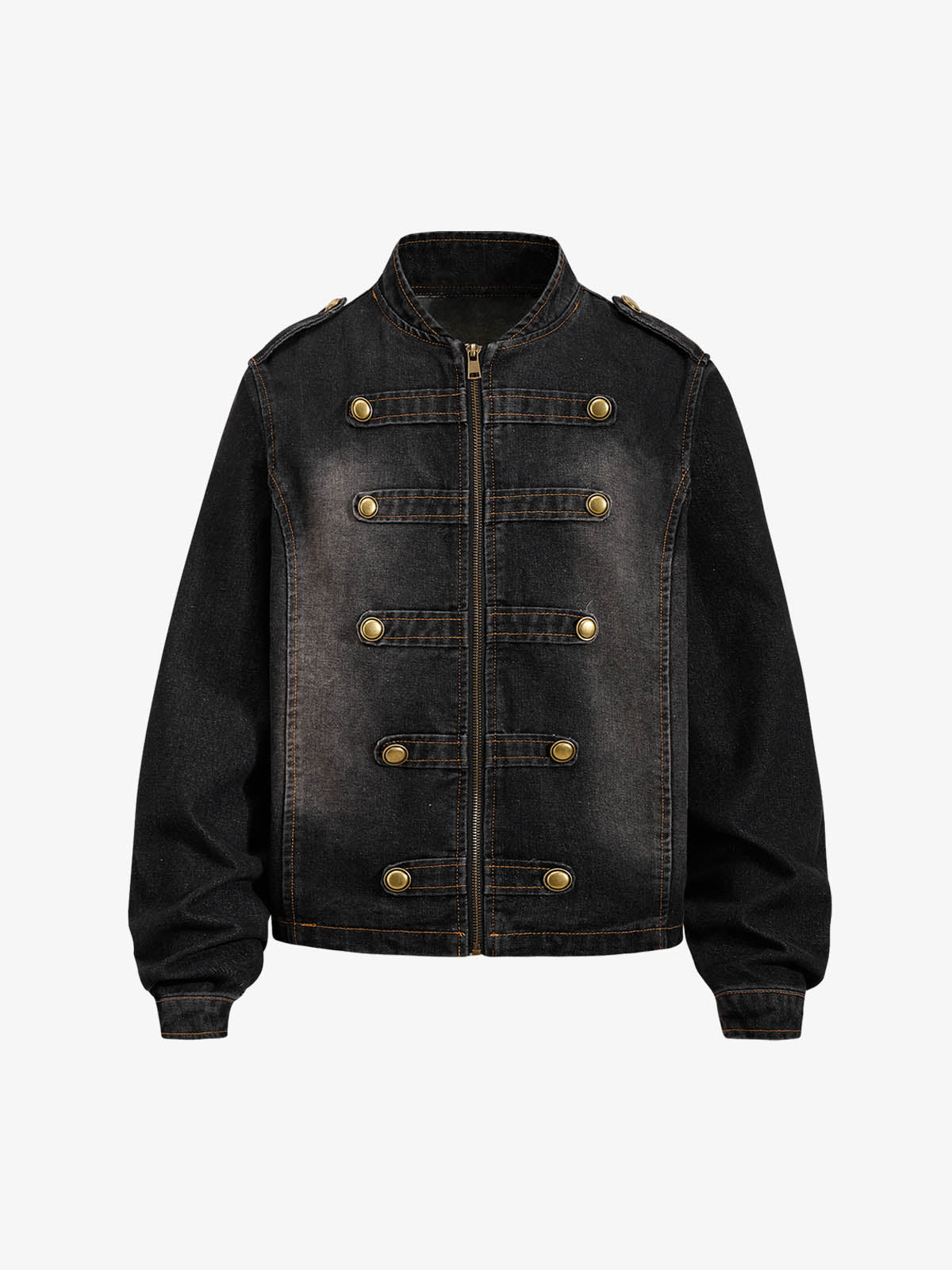 Washed Double-Breasted Stand-Collar Denim Jacket