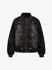 Washed Double-Breasted Stand-Collar Denim Jacket