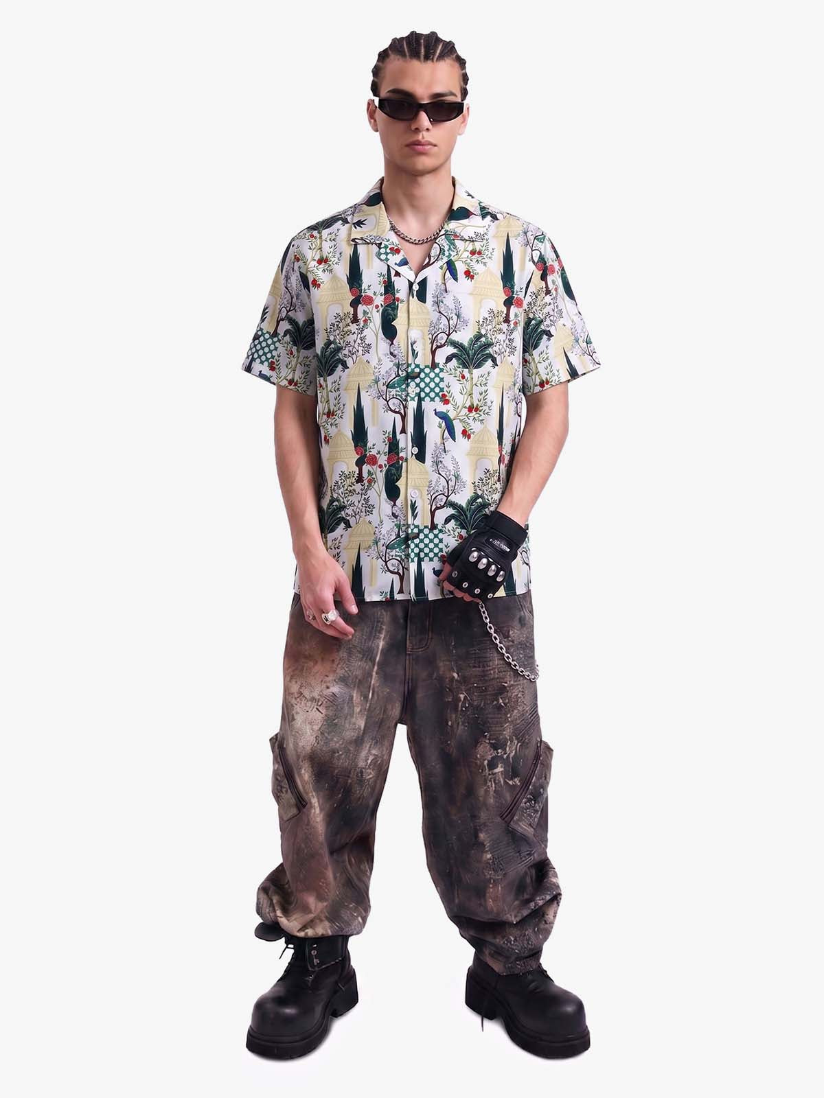 French Peacock Manor Camp Collar Boxy Shirt 