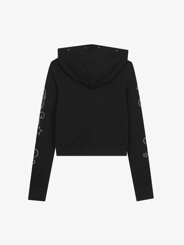 Rhinestone Asymmetrical Placket Zip-Up Hoodie