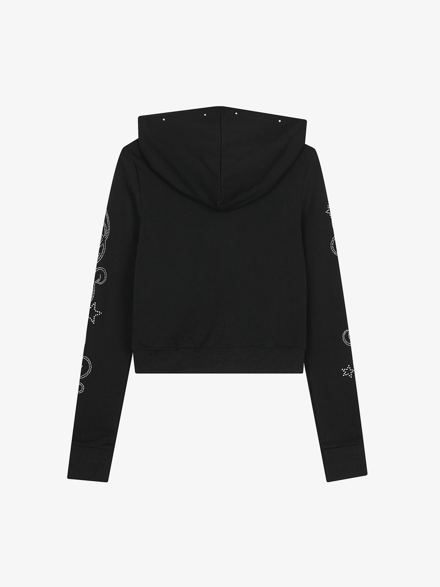 Rhinestone Asymmetrical Placket Zip-Up Hoodie