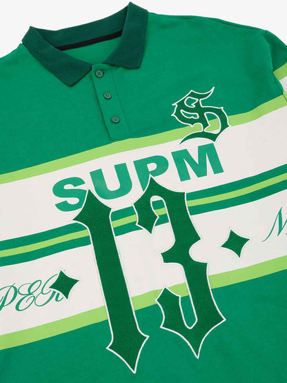 Supermade Color-Blocked Polo Collar Embroidered Print Long-Sleeved Jersey 