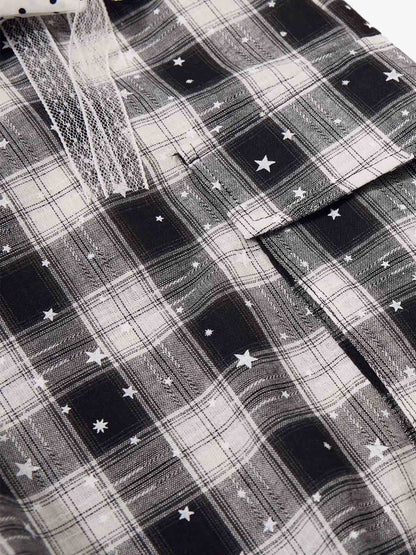 Star Print Plaid Shirt with Tulle Trim – Relaxed Fit Layered Streetwear